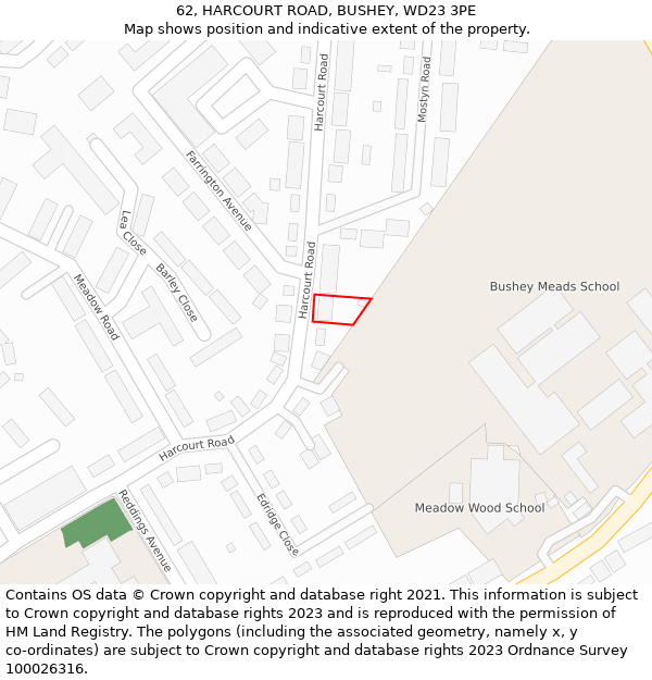 62, HARCOURT ROAD, BUSHEY, WD23 3PE: Location map and indicative extent of plot
