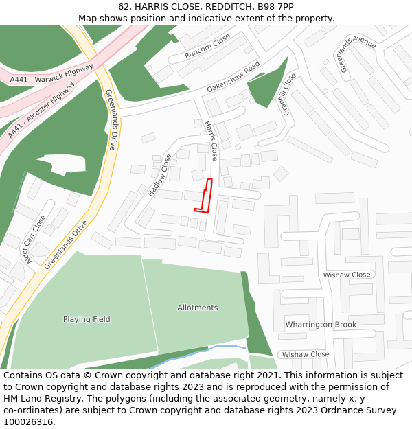 62, HARRIS CLOSE, REDDITCH, B98 7PP: Location map and indicative extent of plot