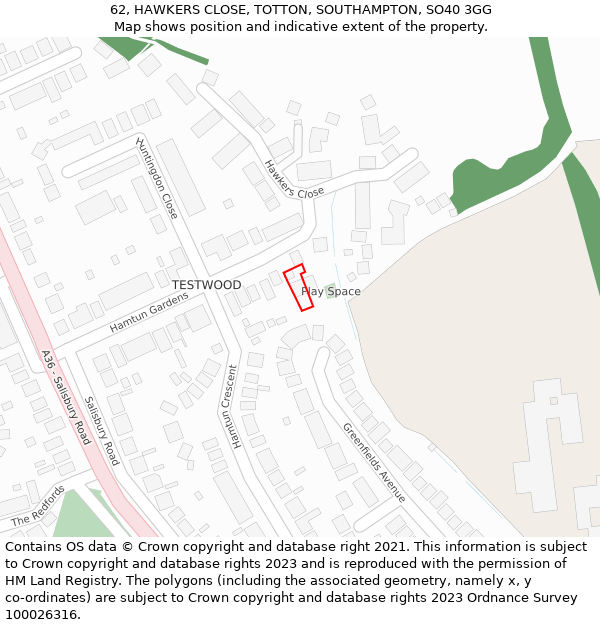 62, HAWKERS CLOSE, TOTTON, SOUTHAMPTON, SO40 3GG: Location map and indicative extent of plot