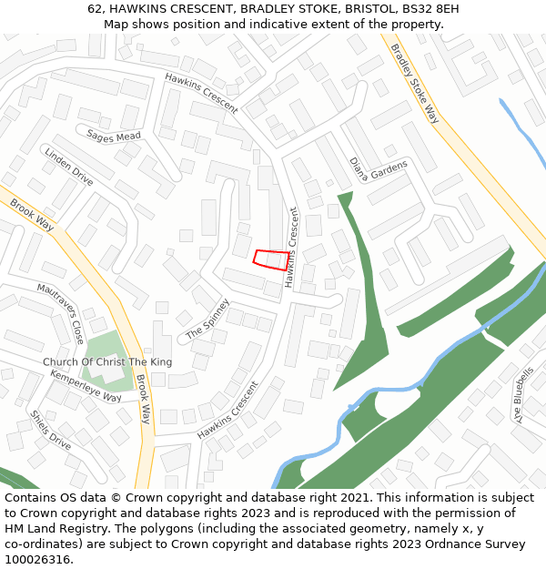 62, HAWKINS CRESCENT, BRADLEY STOKE, BRISTOL, BS32 8EH: Location map and indicative extent of plot