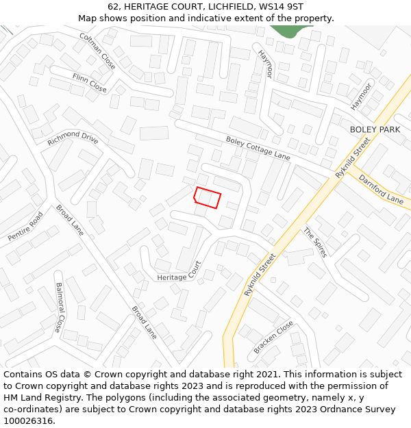 62, HERITAGE COURT, LICHFIELD, WS14 9ST: Location map and indicative extent of plot