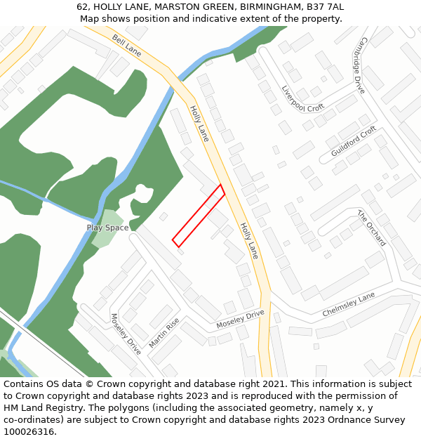 62, HOLLY LANE, MARSTON GREEN, BIRMINGHAM, B37 7AL: Location map and indicative extent of plot