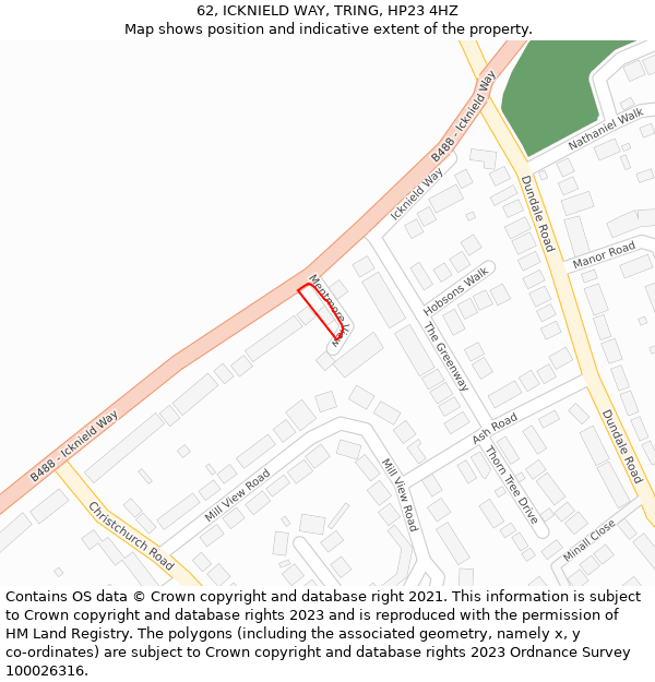 62, ICKNIELD WAY, TRING, HP23 4HZ: Location map and indicative extent of plot