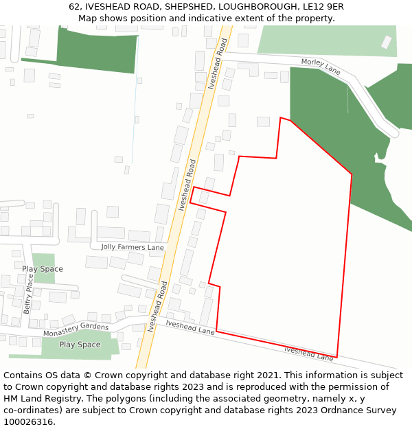62, IVESHEAD ROAD, SHEPSHED, LOUGHBOROUGH, LE12 9ER: Location map and indicative extent of plot