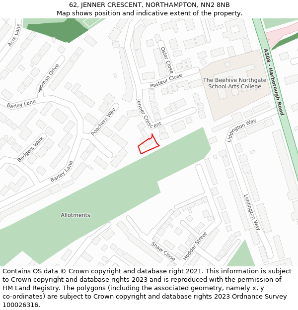 62, JENNER CRESCENT, NORTHAMPTON, NN2 8NB: Location map and indicative extent of plot