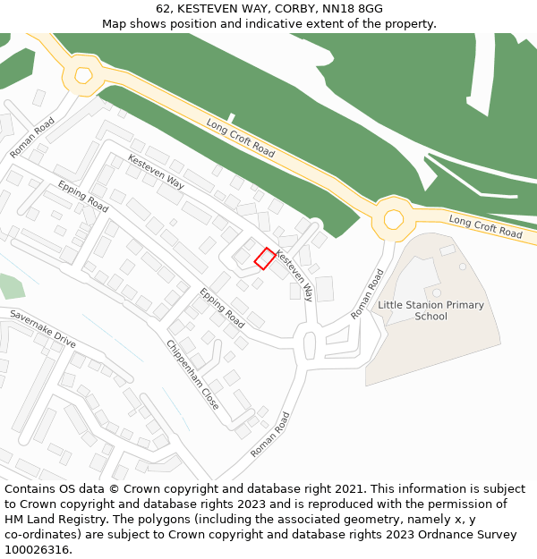 62, KESTEVEN WAY, CORBY, NN18 8GG: Location map and indicative extent of plot