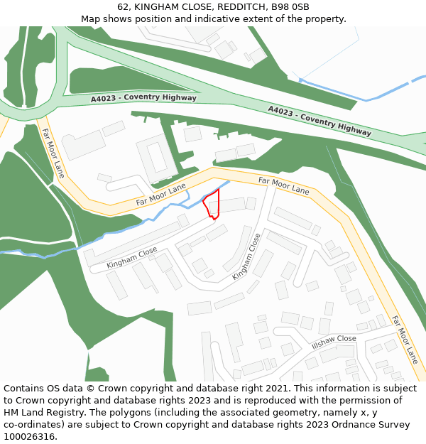 62, KINGHAM CLOSE, REDDITCH, B98 0SB: Location map and indicative extent of plot