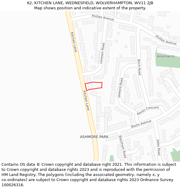 62, KITCHEN LANE, WEDNESFIELD, WOLVERHAMPTON, WV11 2JB: Location map and indicative extent of plot