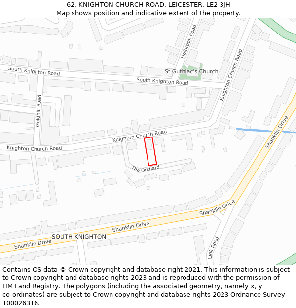 62, KNIGHTON CHURCH ROAD, LEICESTER, LE2 3JH: Location map and indicative extent of plot