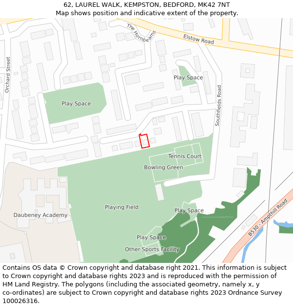 62, LAUREL WALK, KEMPSTON, BEDFORD, MK42 7NT: Location map and indicative extent of plot