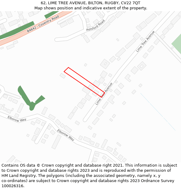 62, LIME TREE AVENUE, BILTON, RUGBY, CV22 7QT: Location map and indicative extent of plot
