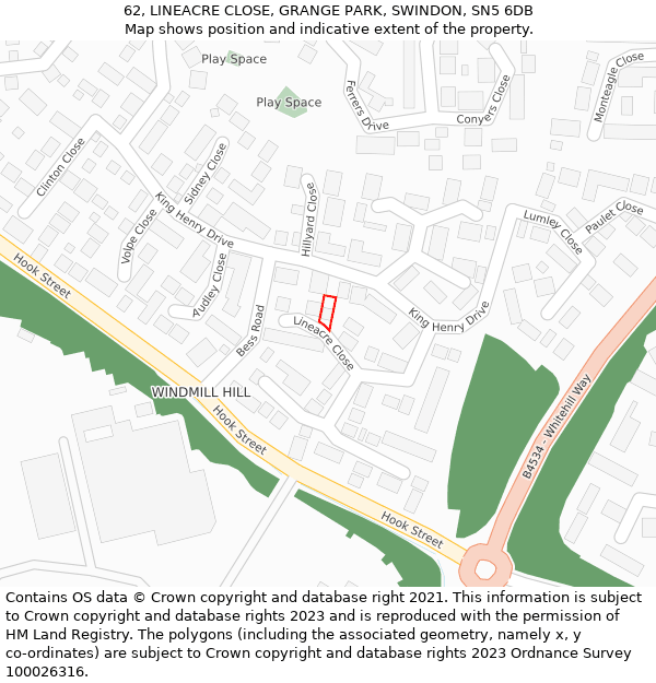 62, LINEACRE CLOSE, GRANGE PARK, SWINDON, SN5 6DB: Location map and indicative extent of plot