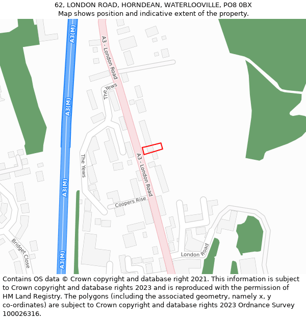 62, LONDON ROAD, HORNDEAN, WATERLOOVILLE, PO8 0BX: Location map and indicative extent of plot