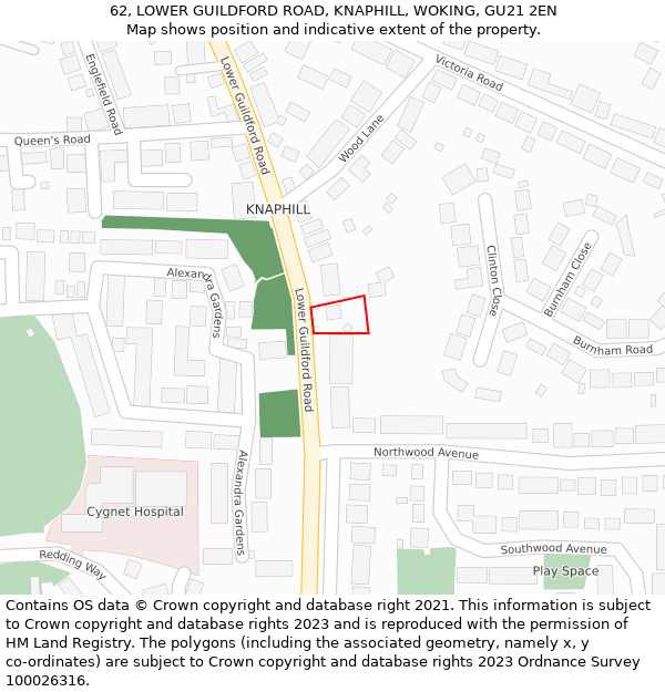 62, LOWER GUILDFORD ROAD, KNAPHILL, WOKING, GU21 2EN: Location map and indicative extent of plot