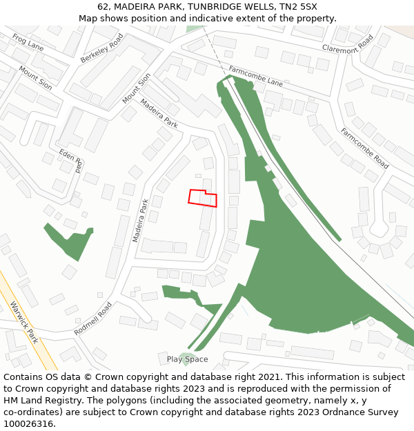 62, MADEIRA PARK, TUNBRIDGE WELLS, TN2 5SX: Location map and indicative extent of plot