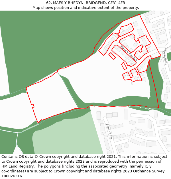 62, MAES Y RHEDYN, BRIDGEND, CF31 4FB: Location map and indicative extent of plot