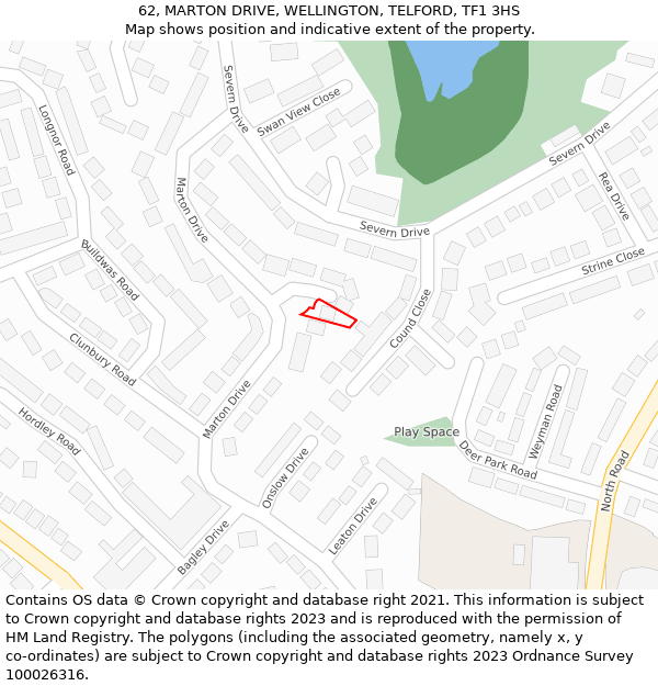 62, MARTON DRIVE, WELLINGTON, TELFORD, TF1 3HS: Location map and indicative extent of plot