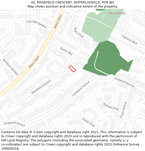 62, MASEFIELD CRESCENT, WATERLOOVILLE, PO8 8JS: Location map and indicative extent of plot