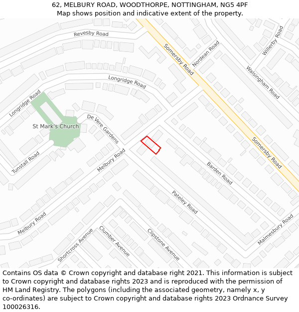 62, MELBURY ROAD, WOODTHORPE, NOTTINGHAM, NG5 4PF: Location map and indicative extent of plot