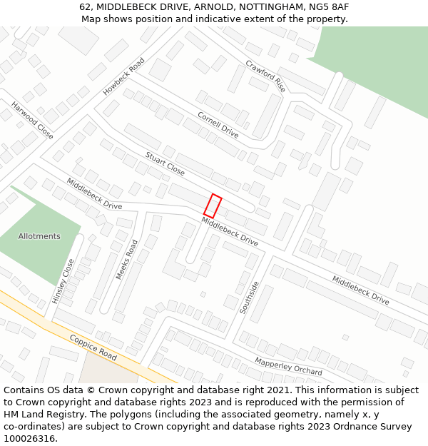 62, MIDDLEBECK DRIVE, ARNOLD, NOTTINGHAM, NG5 8AF: Location map and indicative extent of plot