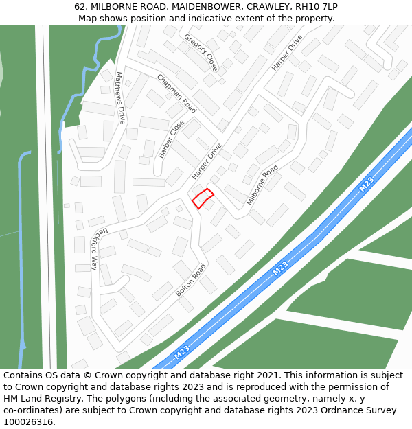 62, MILBORNE ROAD, MAIDENBOWER, CRAWLEY, RH10 7LP: Location map and indicative extent of plot