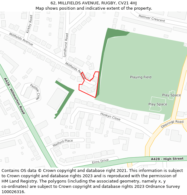 62, MILLFIELDS AVENUE, RUGBY, CV21 4HJ: Location map and indicative extent of plot
