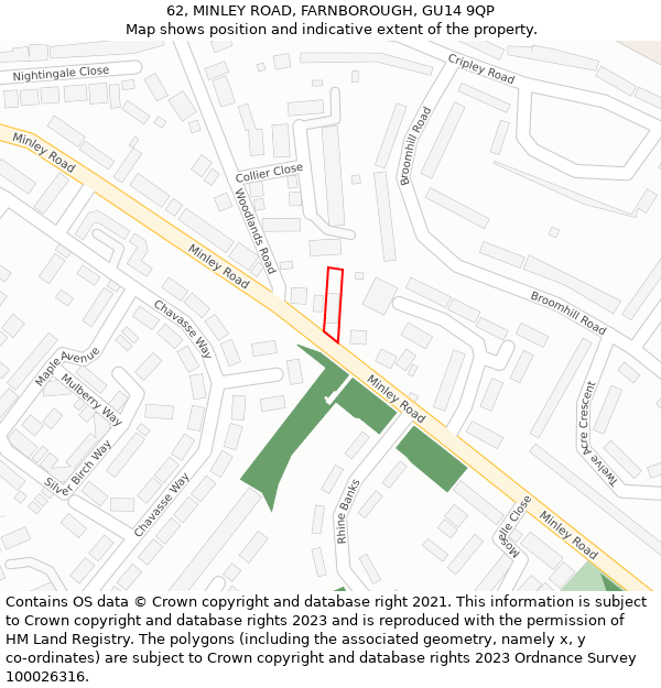 62, MINLEY ROAD, FARNBOROUGH, GU14 9QP: Location map and indicative extent of plot