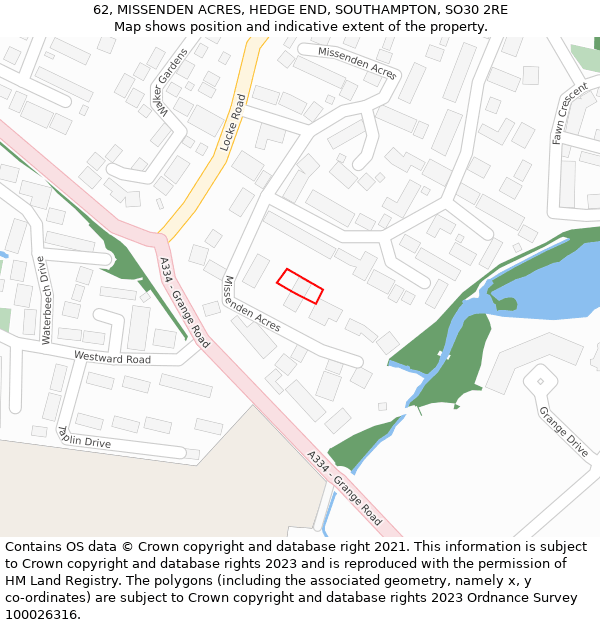 62, MISSENDEN ACRES, HEDGE END, SOUTHAMPTON, SO30 2RE: Location map and indicative extent of plot