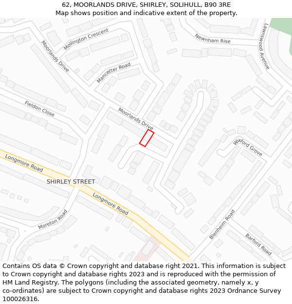 62, MOORLANDS DRIVE, SHIRLEY, SOLIHULL, B90 3RE: Location map and indicative extent of plot