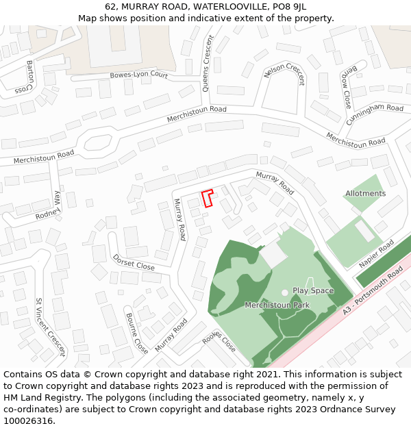 62, MURRAY ROAD, WATERLOOVILLE, PO8 9JL: Location map and indicative extent of plot