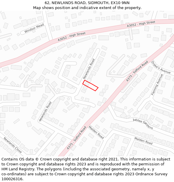 62, NEWLANDS ROAD, SIDMOUTH, EX10 9NN: Location map and indicative extent of plot