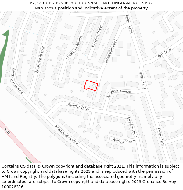 62, OCCUPATION ROAD, HUCKNALL, NOTTINGHAM, NG15 6DZ: Location map and indicative extent of plot