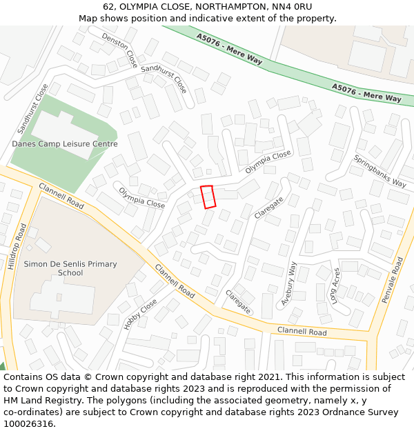 62, OLYMPIA CLOSE, NORTHAMPTON, NN4 0RU: Location map and indicative extent of plot