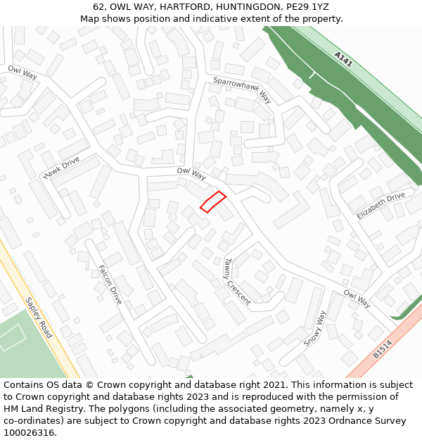 62, OWL WAY, HARTFORD, HUNTINGDON, PE29 1YZ: Location map and indicative extent of plot