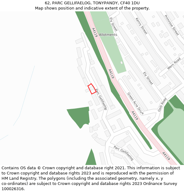 62, PARC GELLIFAELOG, TONYPANDY, CF40 1DU: Location map and indicative extent of plot