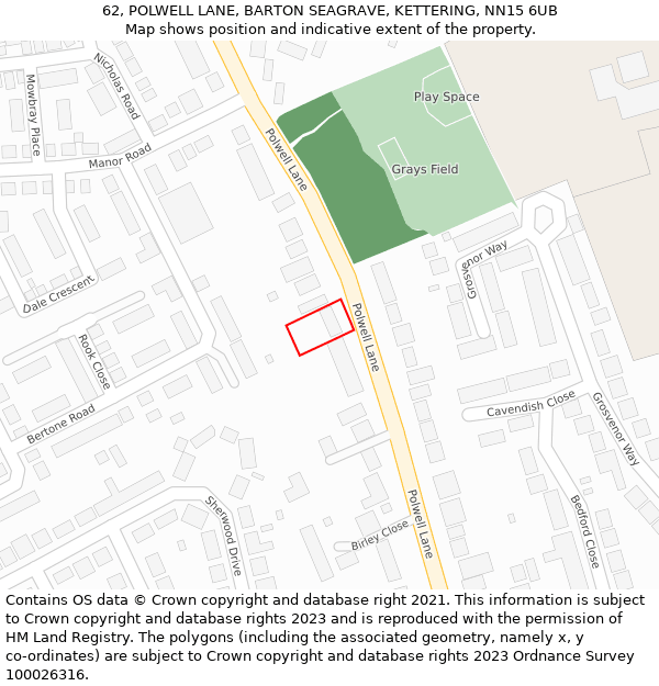 62, POLWELL LANE, BARTON SEAGRAVE, KETTERING, NN15 6UB: Location map and indicative extent of plot