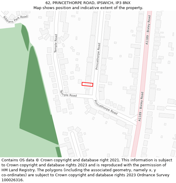 62, PRINCETHORPE ROAD, IPSWICH, IP3 8NX: Location map and indicative extent of plot