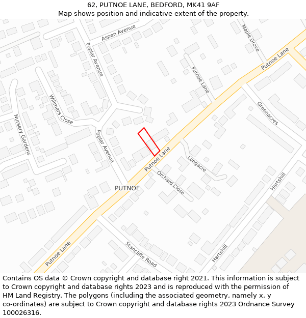 62, PUTNOE LANE, BEDFORD, MK41 9AF: Location map and indicative extent of plot