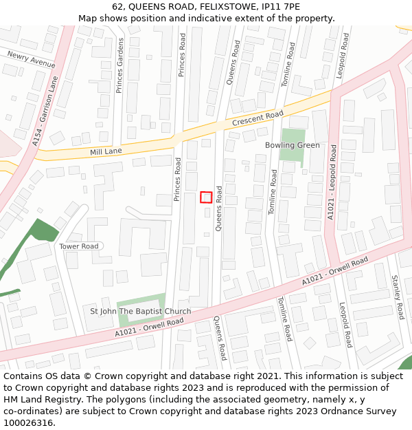 62, QUEENS ROAD, FELIXSTOWE, IP11 7PE: Location map and indicative extent of plot