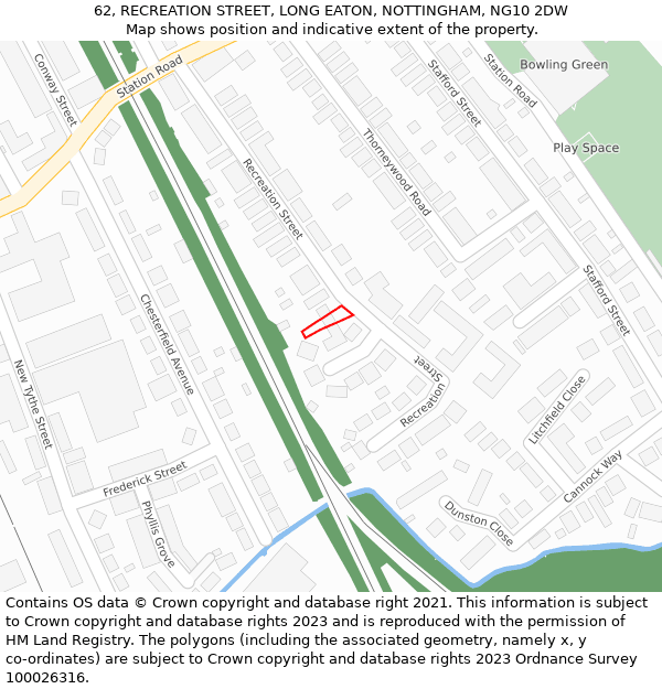 62, RECREATION STREET, LONG EATON, NOTTINGHAM, NG10 2DW: Location map and indicative extent of plot