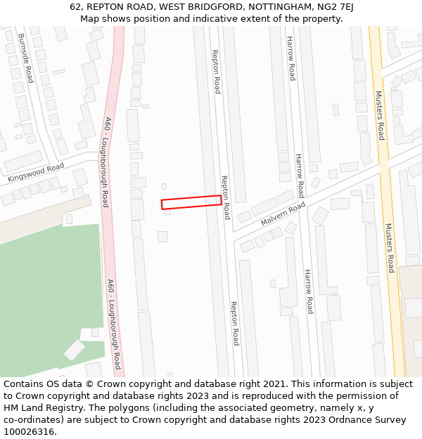 62, REPTON ROAD, WEST BRIDGFORD, NOTTINGHAM, NG2 7EJ: Location map and indicative extent of plot