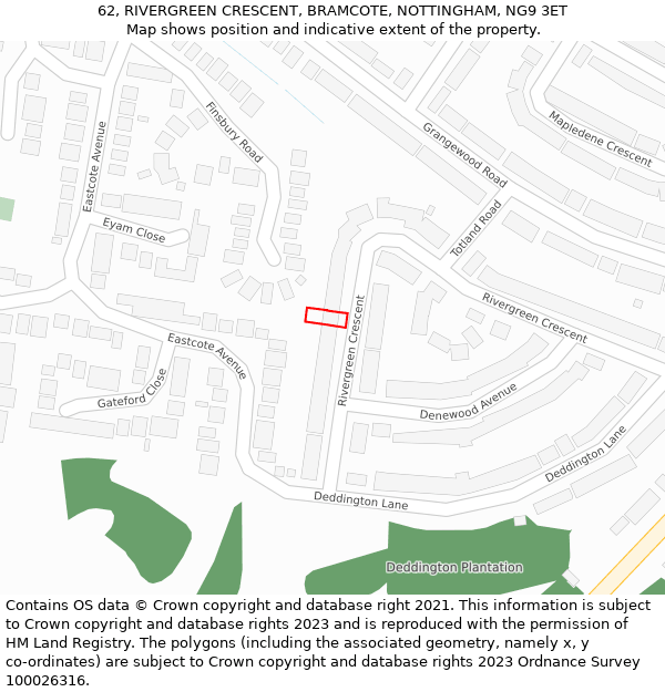 62, RIVERGREEN CRESCENT, BRAMCOTE, NOTTINGHAM, NG9 3ET: Location map and indicative extent of plot