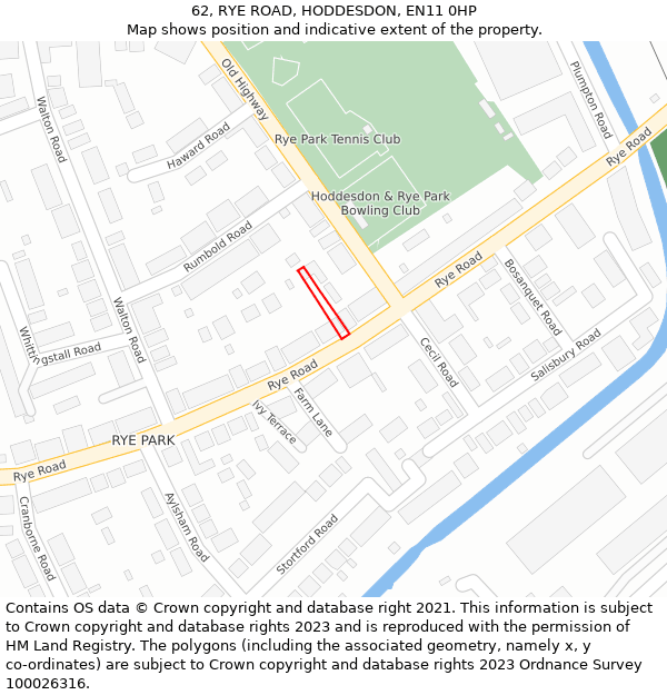 62, RYE ROAD, HODDESDON, EN11 0HP: Location map and indicative extent of plot