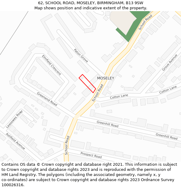 62, SCHOOL ROAD, MOSELEY, BIRMINGHAM, B13 9SW: Location map and indicative extent of plot