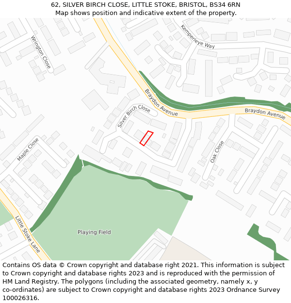 62, SILVER BIRCH CLOSE, LITTLE STOKE, BRISTOL, BS34 6RN: Location map and indicative extent of plot