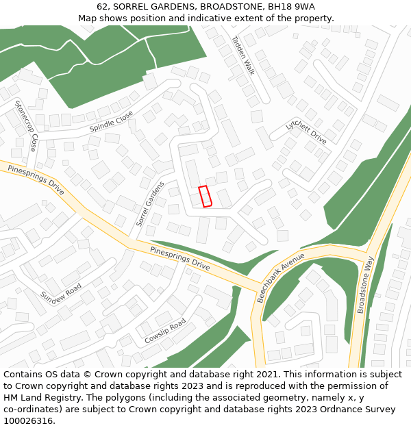 62, SORREL GARDENS, BROADSTONE, BH18 9WA: Location map and indicative extent of plot