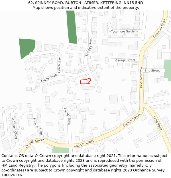 62, SPINNEY ROAD, BURTON LATIMER, KETTERING, NN15 5ND: Location map and indicative extent of plot