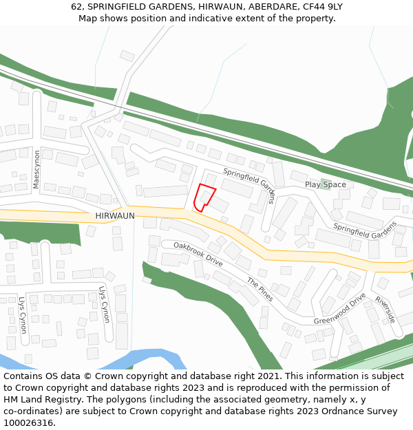 62, SPRINGFIELD GARDENS, HIRWAUN, ABERDARE, CF44 9LY: Location map and indicative extent of plot