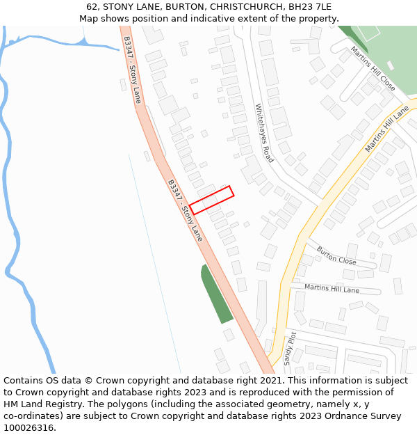 62, STONY LANE, BURTON, CHRISTCHURCH, BH23 7LE: Location map and indicative extent of plot