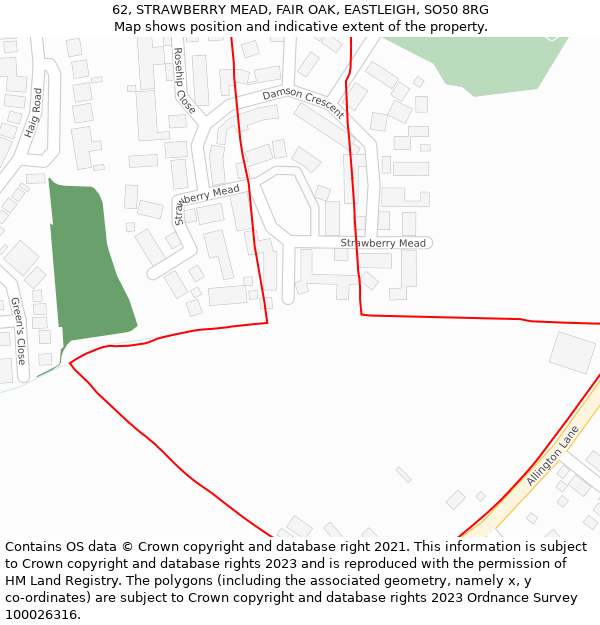 62, STRAWBERRY MEAD, FAIR OAK, EASTLEIGH, SO50 8RG: Location map and indicative extent of plot